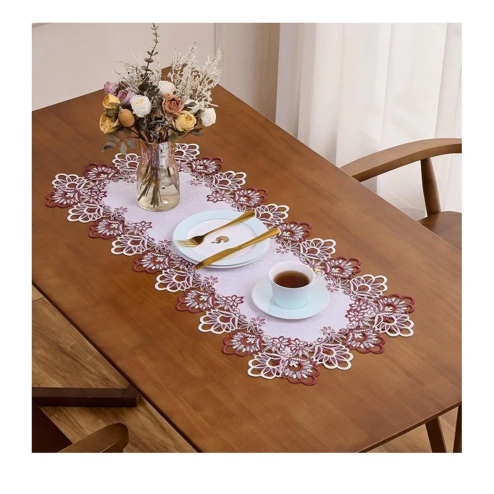 White Dark Red Jacquard Lace Table Runner 72 inches Long, Claret Dresser Scar...